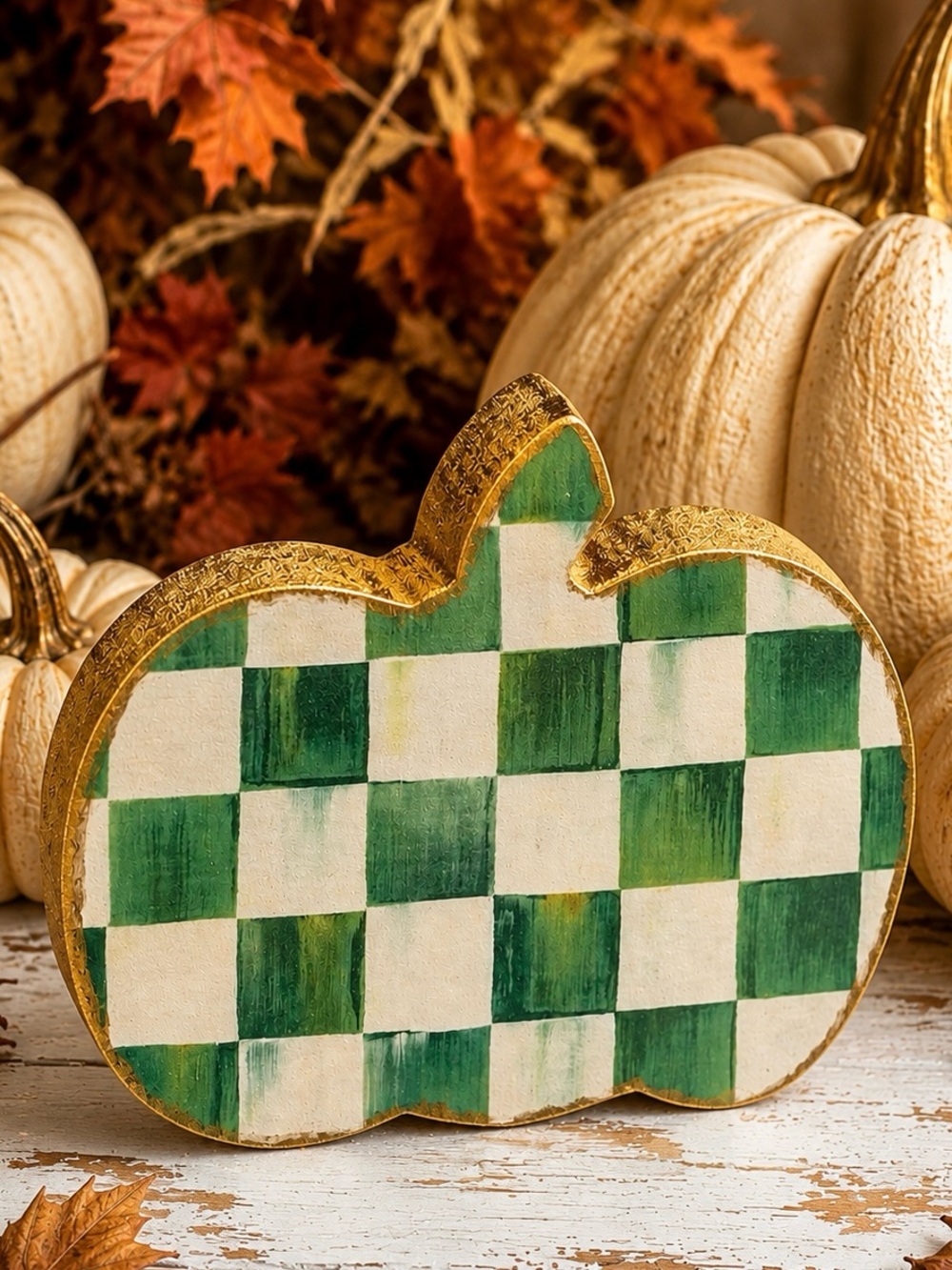Hand Crafted Emerald Check Wood Pumpkin Green 6”